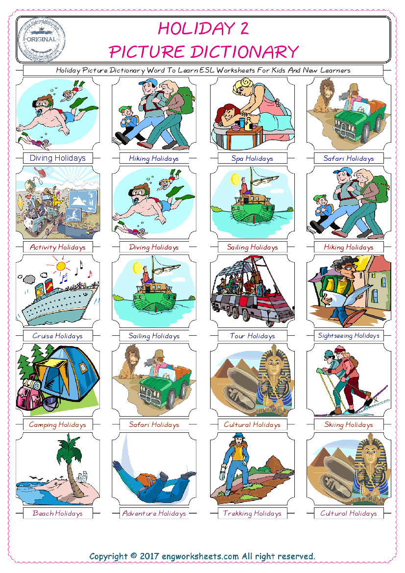  Holiday English Worksheet for Kids ESL Printable Picture Dictionary 